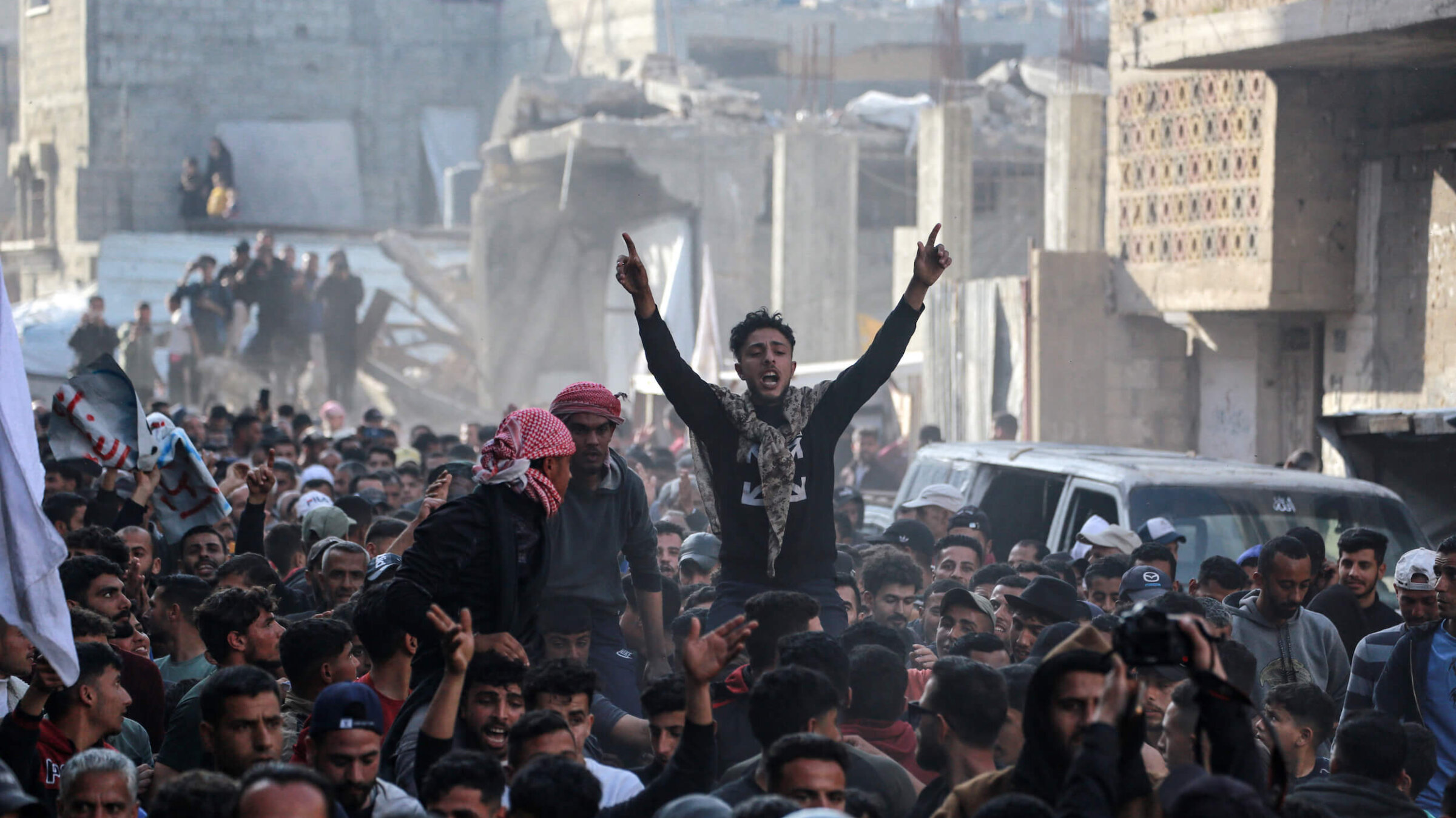 Palestinians take part in an anti-Hamas protest, calling for an end to the war with Israel, in Beit Lahia in the northern Gaza Strip on March 26.